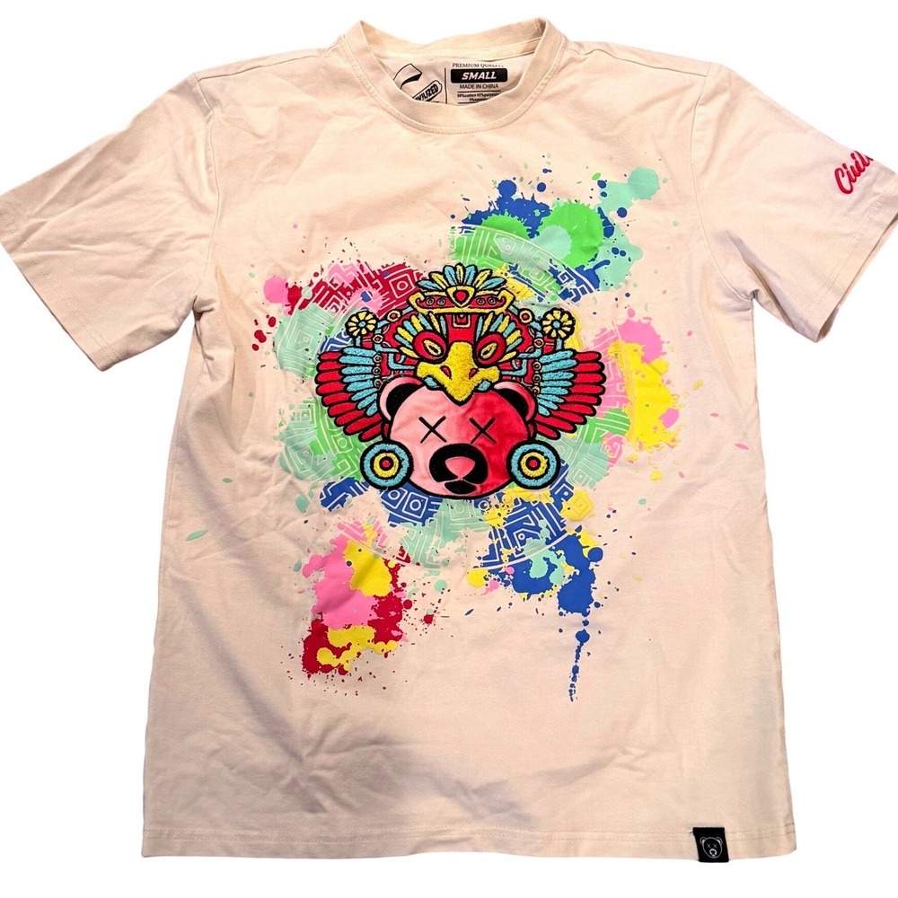 Civilized Bear Graphic T-Shirt Small Neon Embroidered Streetwear Cotton‎ Blend